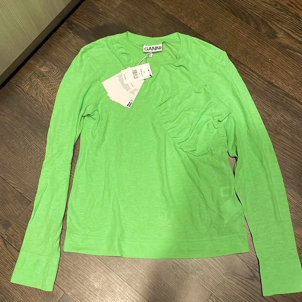 Ganni organic cotton green long sleeve crew neck t-shirt size M